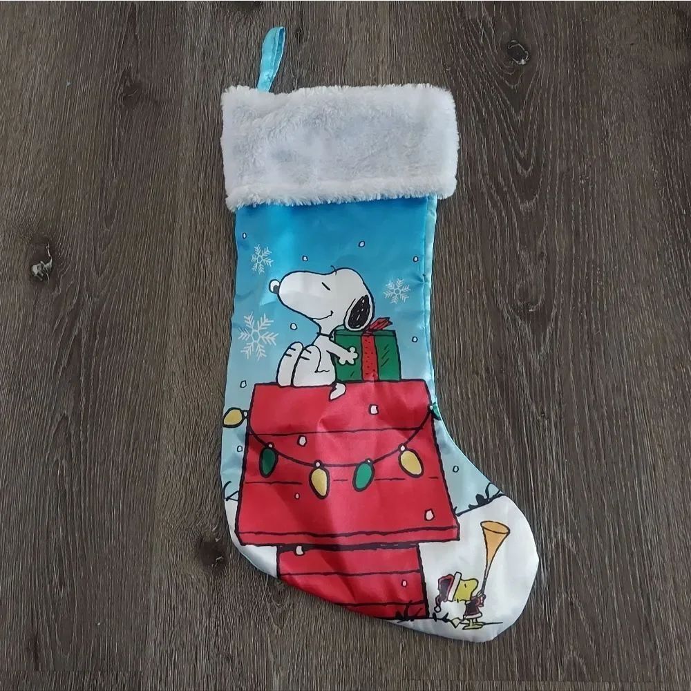 Snoopy Christmas Stocking Blue Satin White Fuzzy Top Peanuts Character